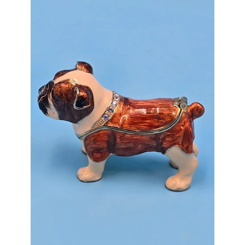 Vintage ENGLISH BULLDOG Jeweled Hinged Trinket Jewelry Mini Box Magnetic